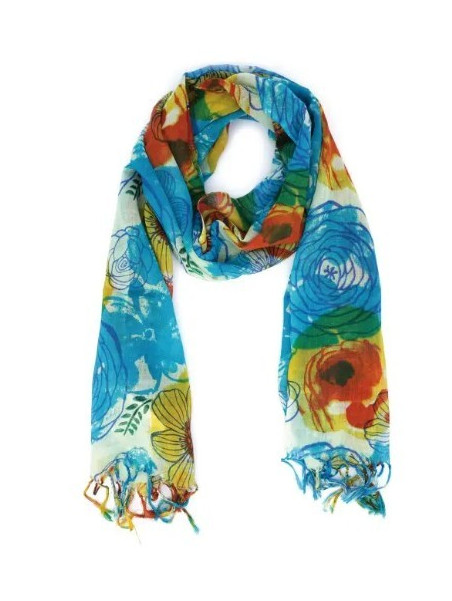 écharpe laine turquoise orange et verte motifs fleuris