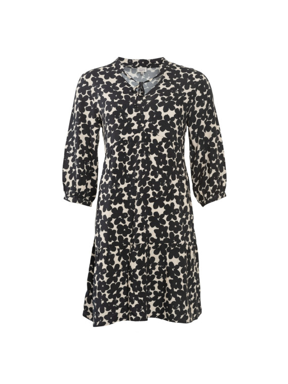 robe longueur genoux à motifs fleuris noirs sur fond beige