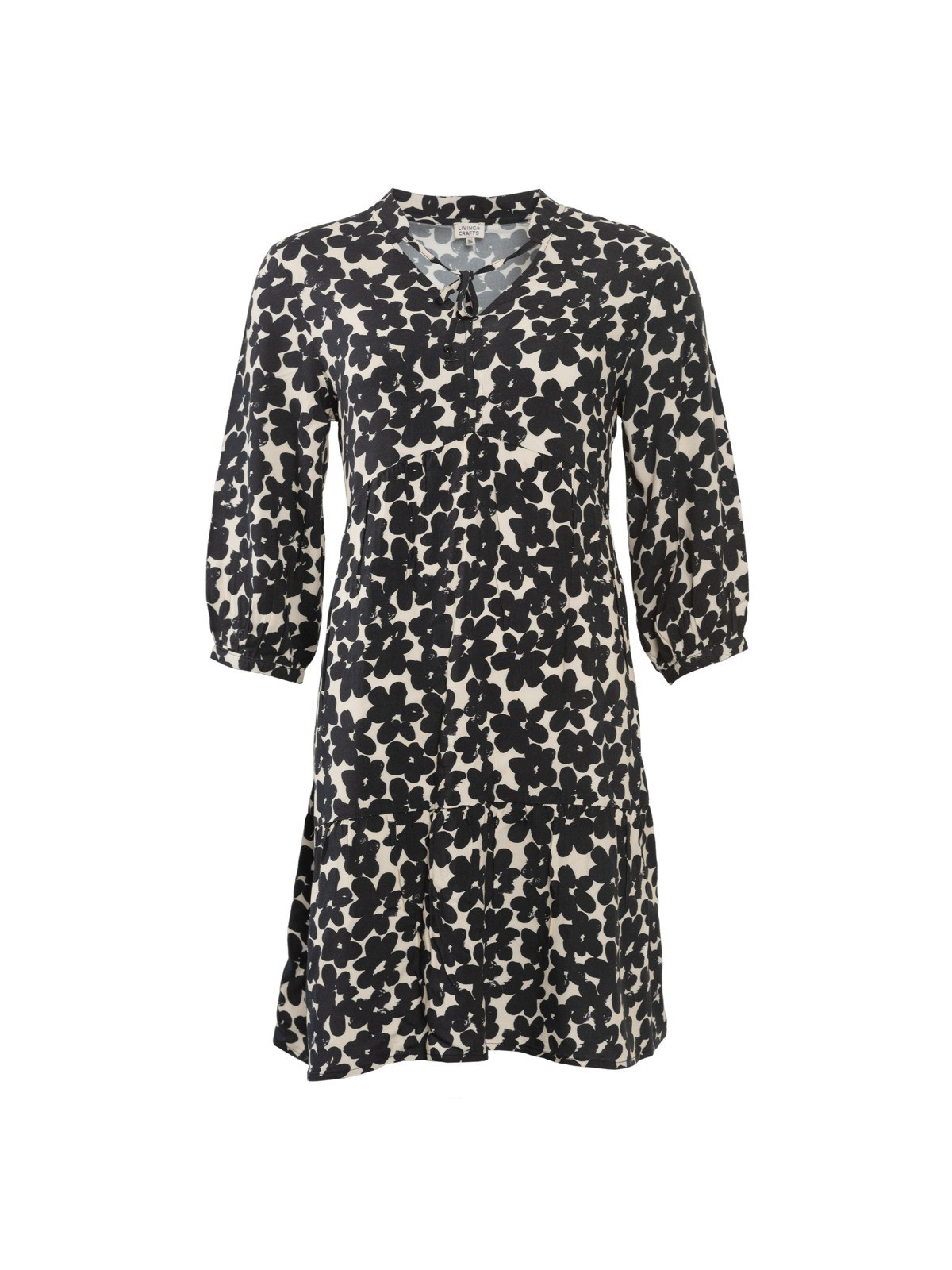 robe longueur genoux à motifs fleuris noirs sur fond beige
