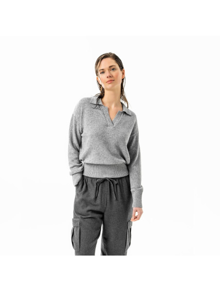 pull femme col polo coupe ample gris clair