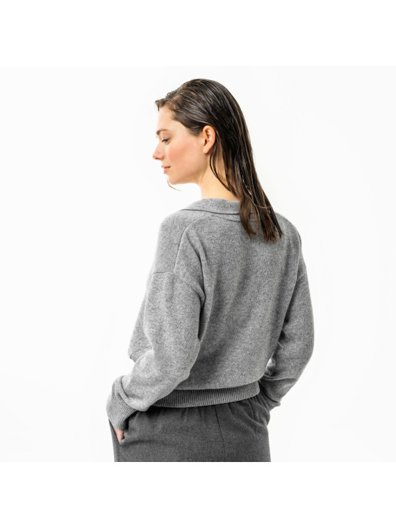 pull femme col polo coupe ample gris clair