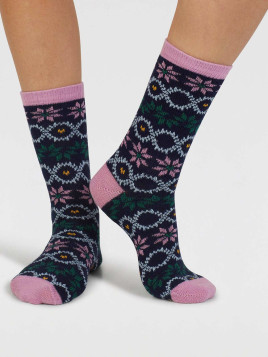 chaussettes style nordique en laine et coton marine avec motifs roses