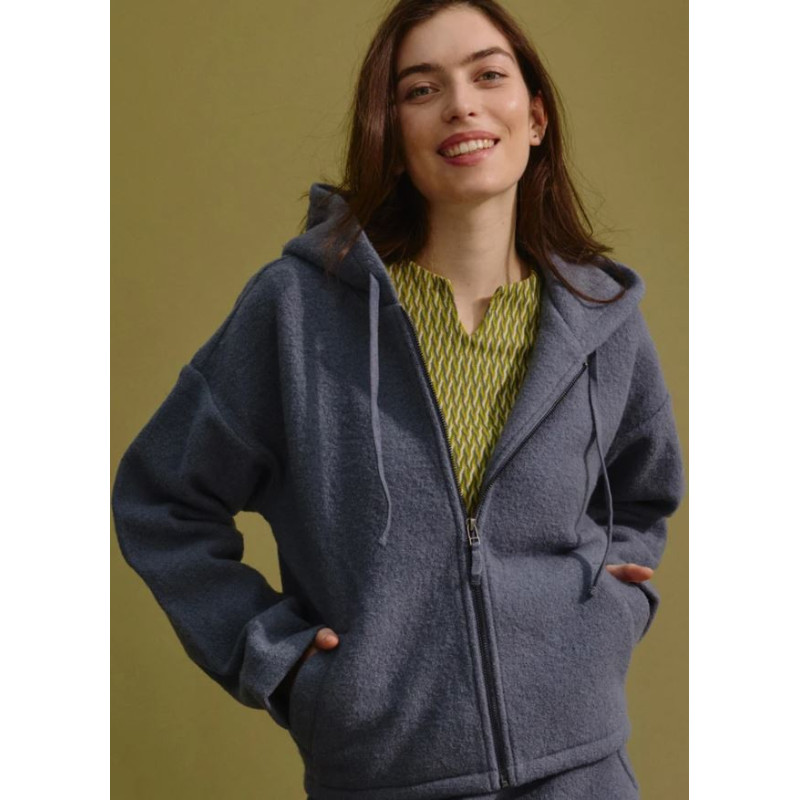 Veste à capuche en laine bouillie couleur gris/bleu