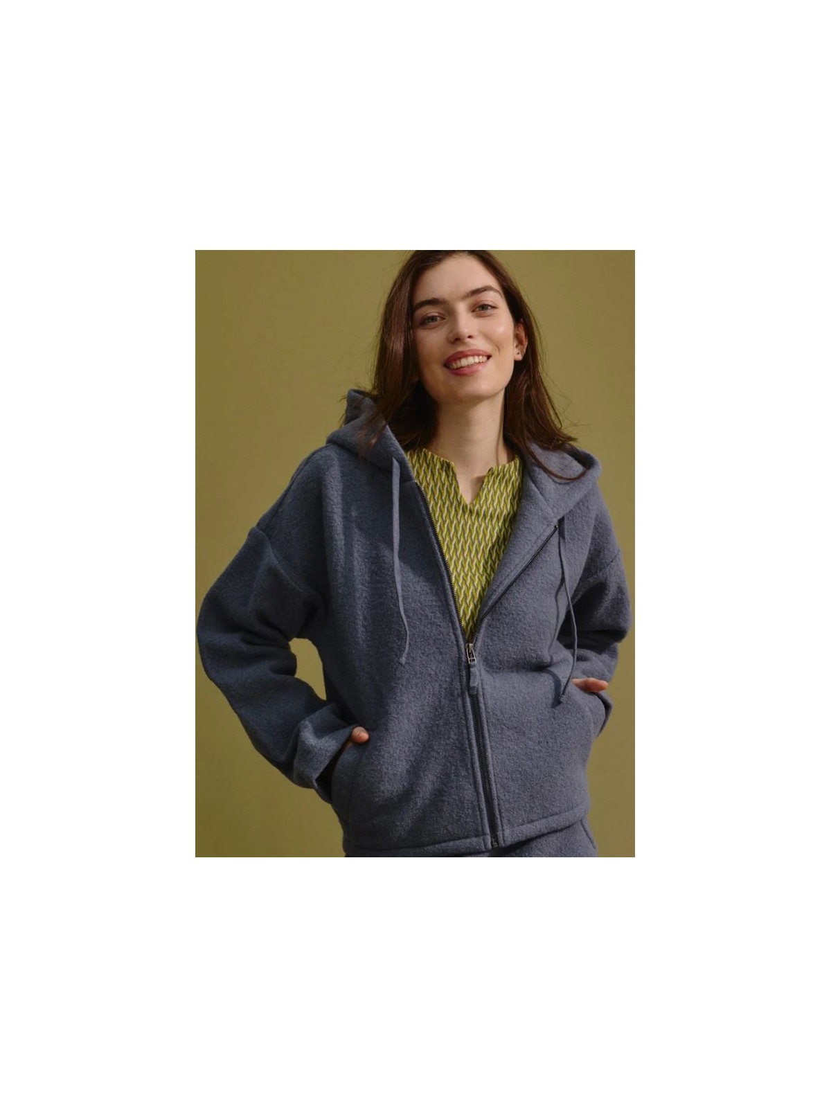 Veste à capuche en laine bouillie couleur gris/bleu