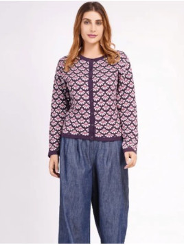 Gilet femme violet avec motif coquilles rose et blanc