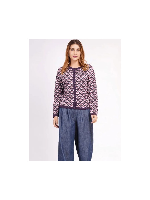 Gilet femme violet avec motif coquilles rose et blanc