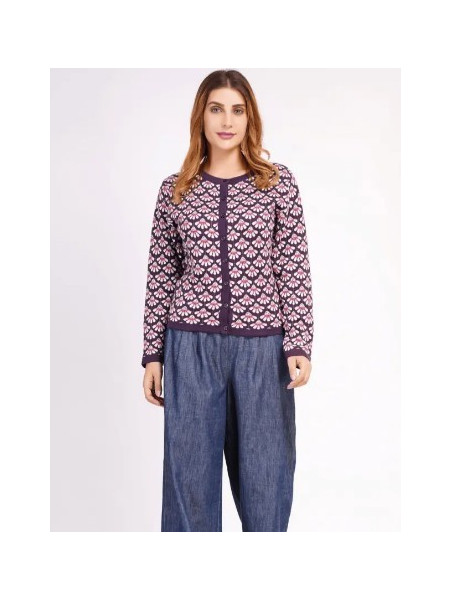 Gilet femme violet avec motif coquilles rose et blanc