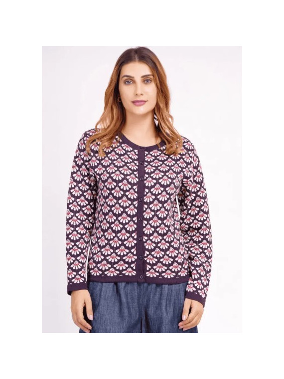 Gilet femme violet avec motif coquilles rose et blanc