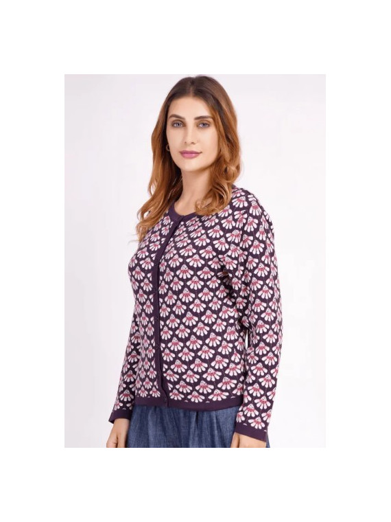 Gilet femme violet avec motif coquilles rose et blanc