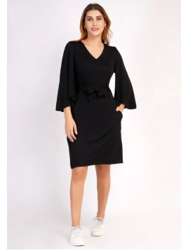 robe noire coupe ample manches 3/4 ceinture col V