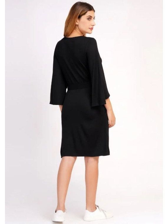 robe noire coupe ample manches 3/4 ceinture col V