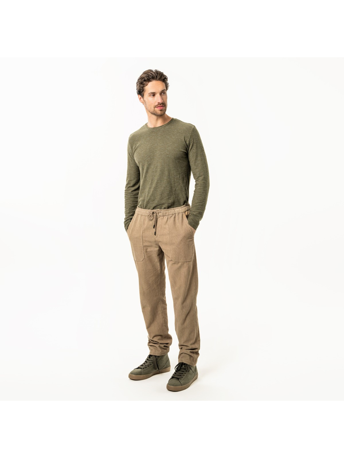 pantalon cargo velours côtelé beige taille élastique