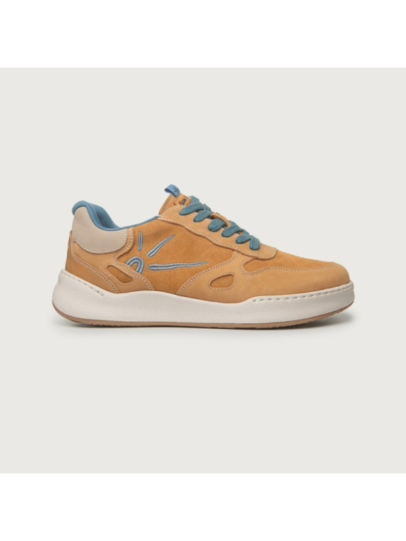 chaussures type baskets couleur ocre lacets et intérieur bleu