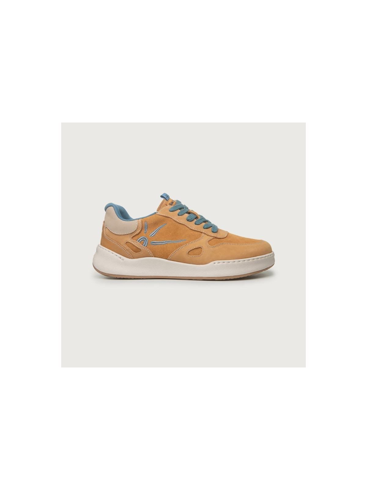 chaussures type baskets couleur ocre lacets et intérieur bleu