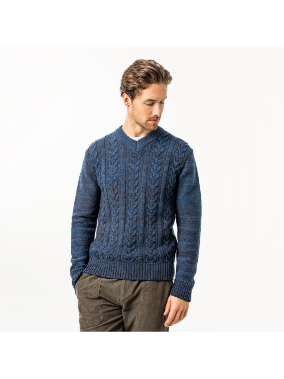 pull homme bleu chiné col V torsadé sur le devant