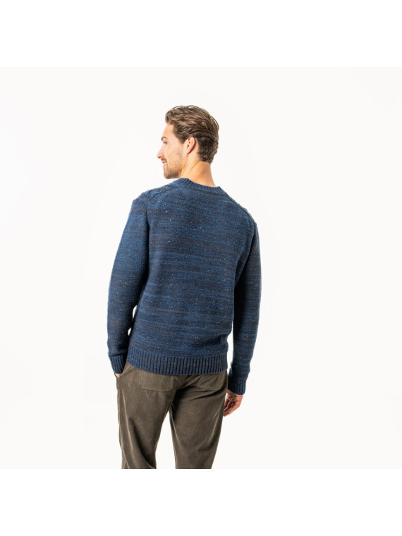 pull homme bleu chiné col V torsadé sur le devant