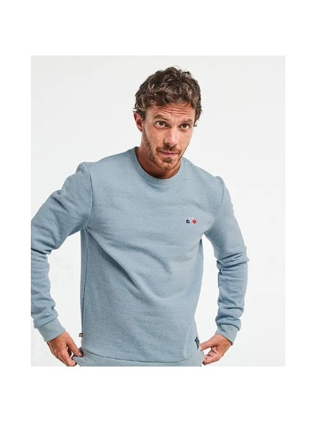 sweat homme bleu chiné col rond avec broderie vélo sur la poitrine