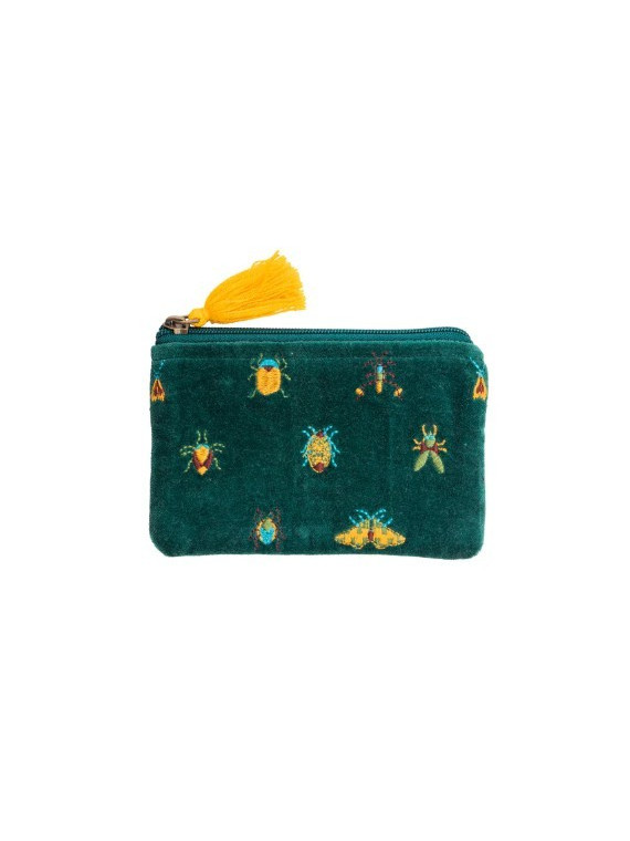 pochette velours vert forêt imprimé insectes en jaune