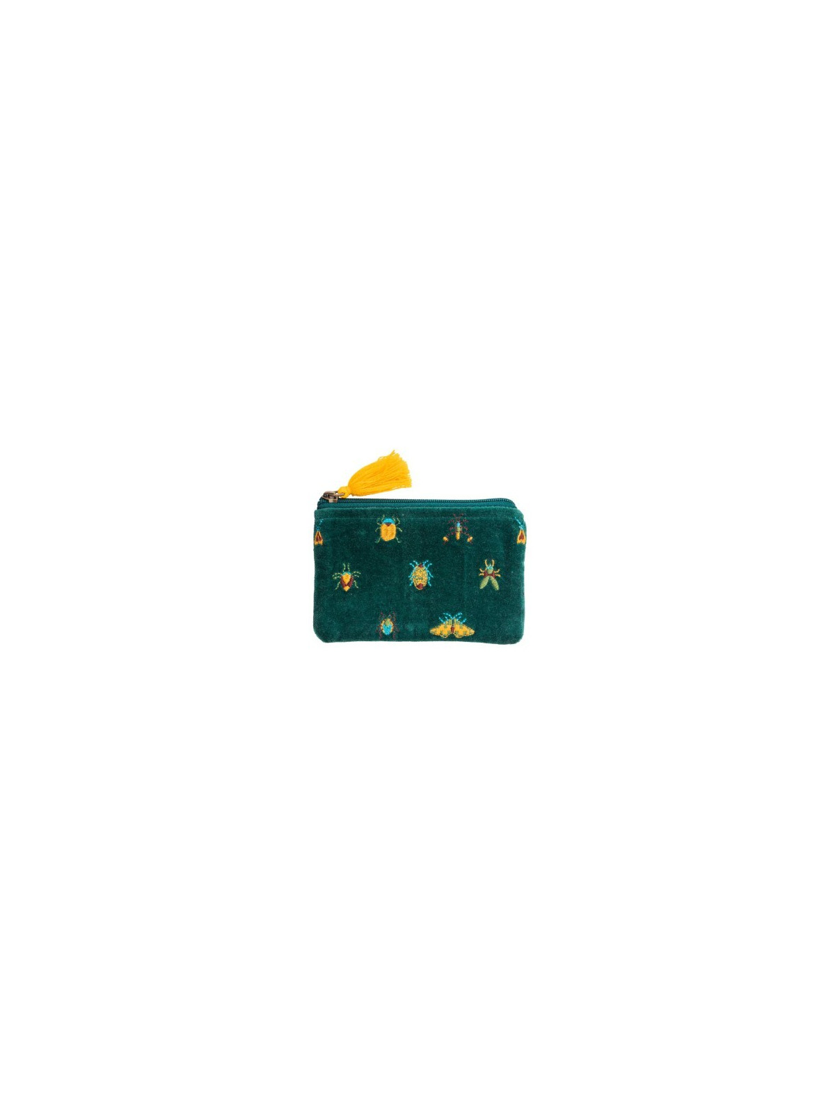 pochette velours vert forêt imprimé insectes en jaune