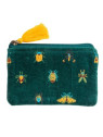 pochette velours vert forêt imprimé insectes en jaune