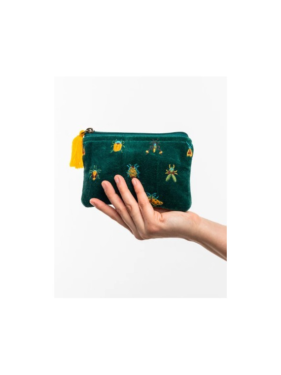 pochette velours vert forêt imprimé insectes en jaune