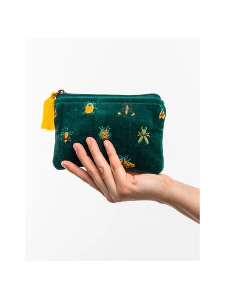 pochette velours vert forêt imprimé insectes en jaune