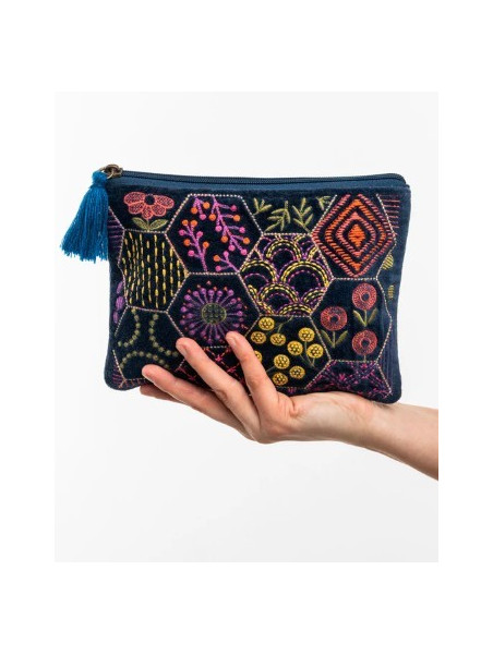 pochette velours bleu marine imprimés colorés géométriques