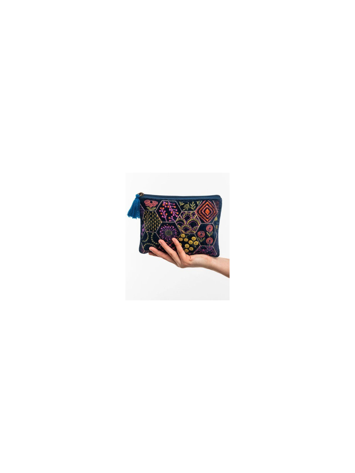 pochette velours bleu marine imprimés colorés géométriques