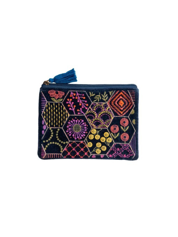 pochette velours bleu marine imprimés colorés géométriques