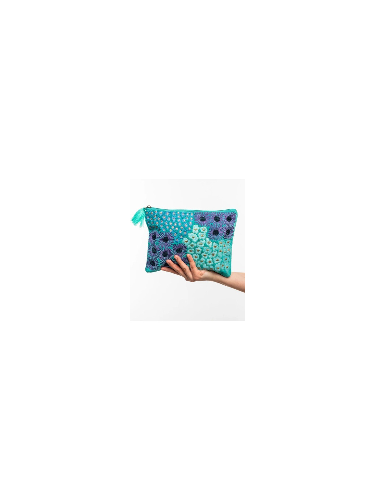 pochette turquoise motifs bleus