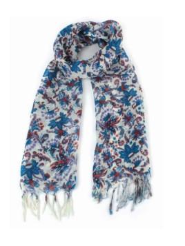 écharpe laine motifs fleuris bleu violet et rouge sur fond blanc