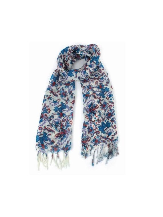 écharpe laine motifs fleuris bleu violet et rouge sur fond blanc