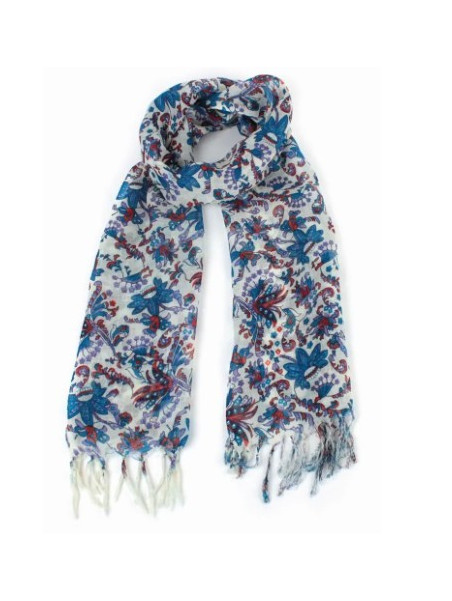écharpe laine motifs fleuris bleu violet et rouge sur fond blanc