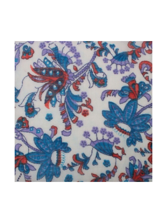 écharpe laine motifs fleuris bleu violet et rouge sur fond blanc