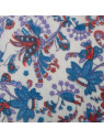 écharpe laine motifs fleuris bleu violet et rouge sur fond blanc
