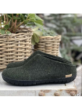 Chaussons pour Adultes en Laine Vert Foncé Semelles Caoutchouc Glerups