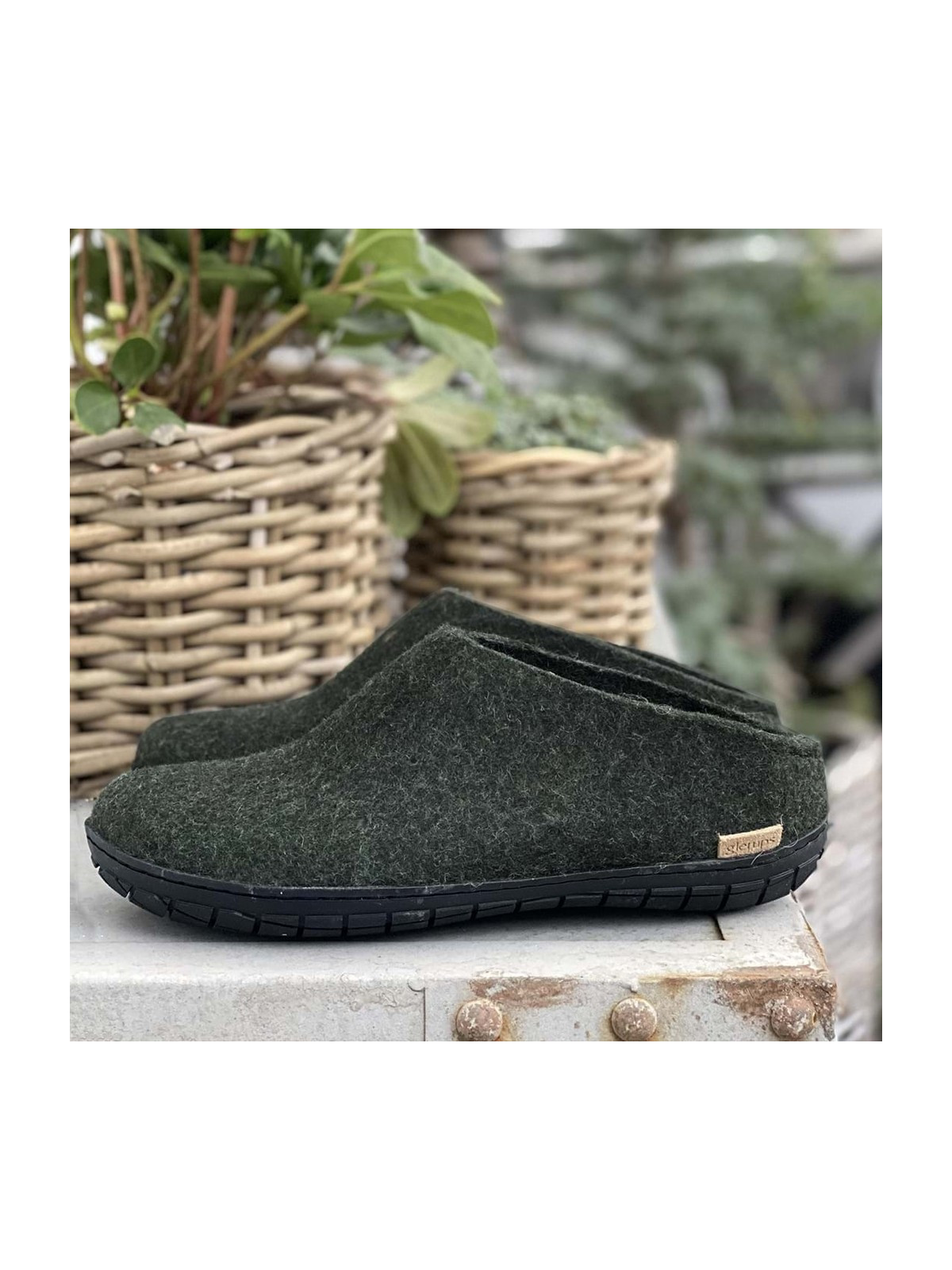 Chaussons pour Adultes en Laine Vert Foncé Semelles Caoutchouc Glerups