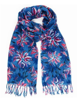 écharpe à frange coloris bleu rouge et rose avec des fleurs