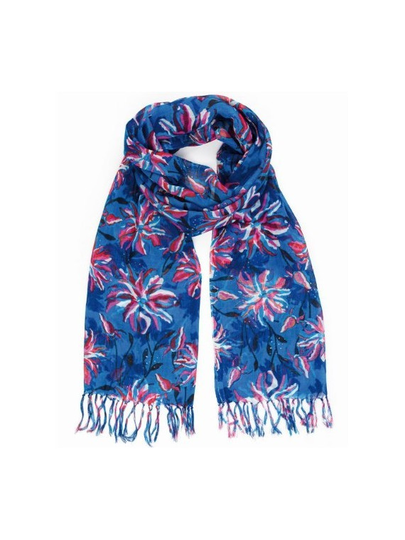 écharpe à frange coloris bleu rouge et rose avec des fleurs