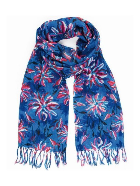 écharpe à frange coloris bleu rouge et rose avec des fleurs