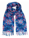 écharpe à frange coloris bleu rouge et rose avec des fleurs