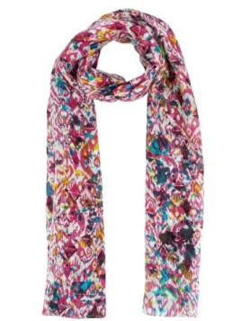 écharpe en soie nombreux motifs floraux tons roses et bleus