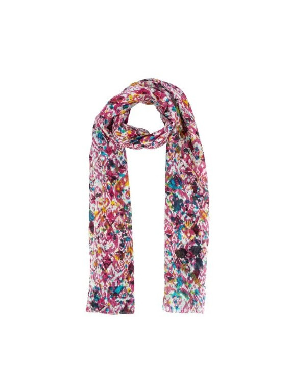 écharpe en soie nombreux motifs floraux tons roses et bleus