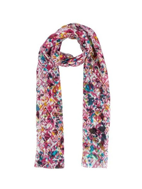 écharpe en soie nombreux motifs floraux tons roses et bleus