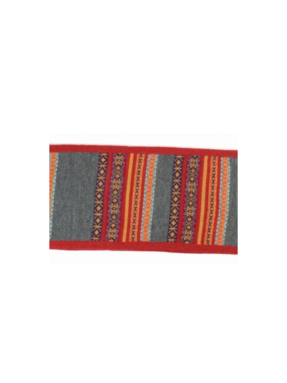tour de cou en alpaga gris avec motifs péruviens rouges et oranges