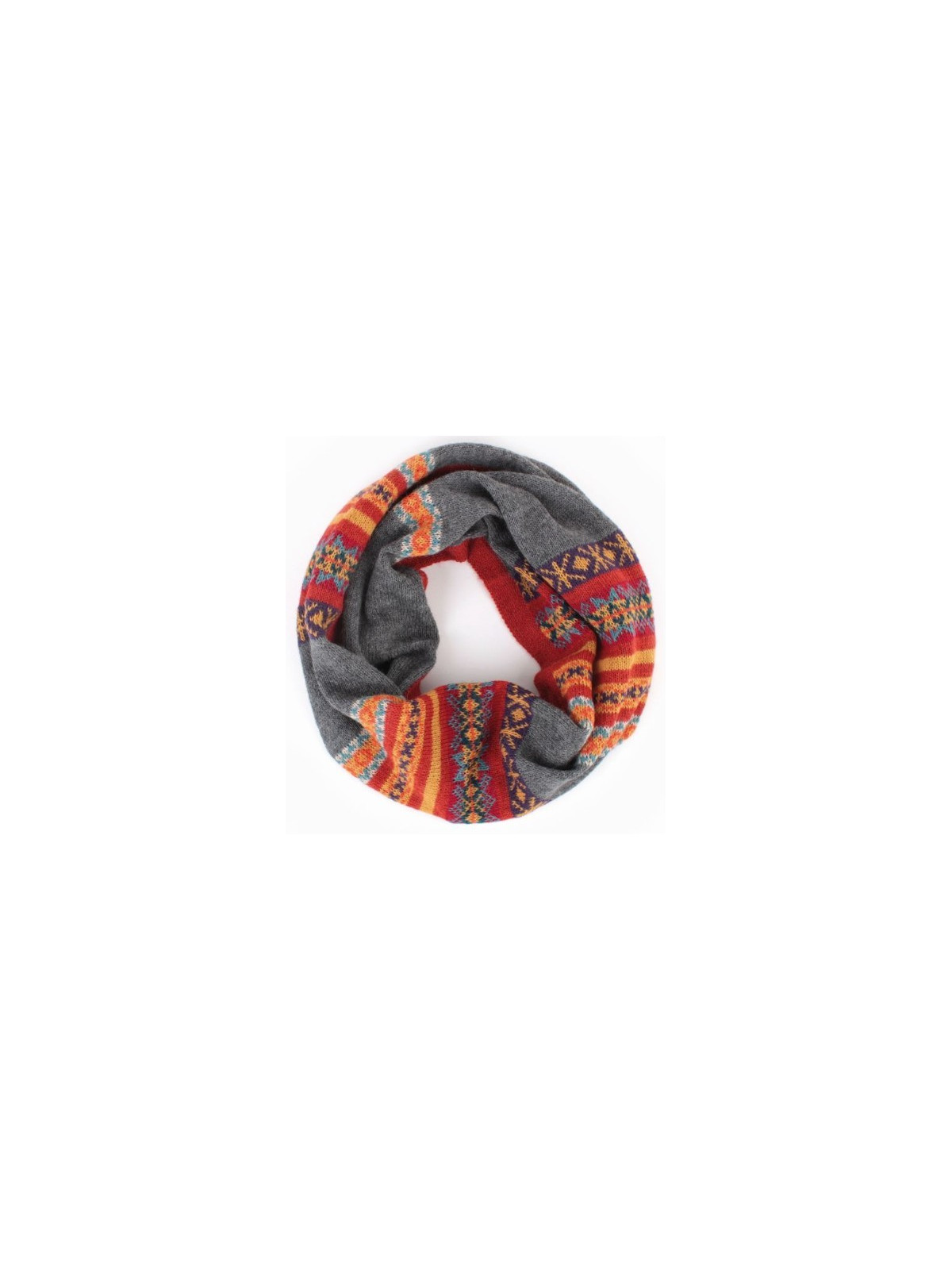 tour de cou en alpaga gris avec motifs péruviens rouges et oranges