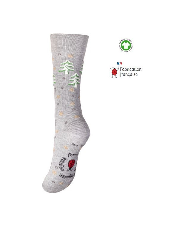 chaussettes grises avec motifs sapins, étoiles et un petit poney