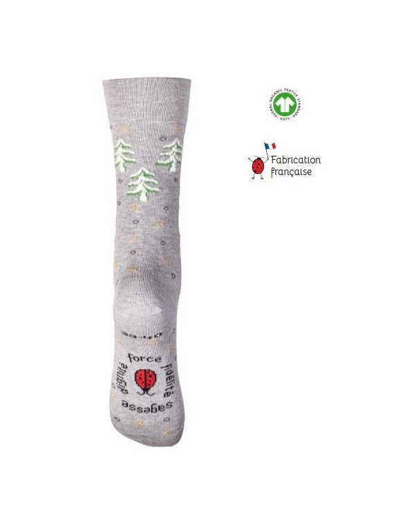 chaussettes grises avec motifs sapins, étoiles et un petit poney