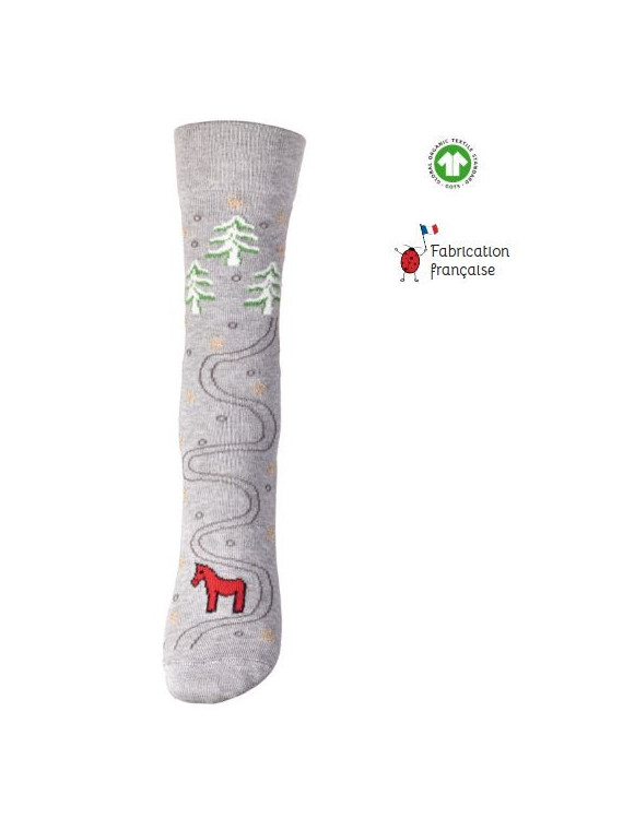 chaussettes grises avec motifs sapins, étoiles et un petit poney