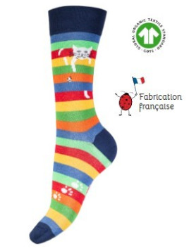 chaussettes à rayures multicolores et motif chat perché